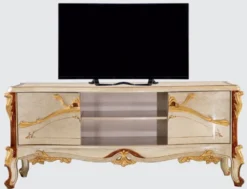 Casa Padrino Luxus Barock TV Schrank Silber / Braun / Gold - Prunkvolles Wohnzimmer Sideboard mit 2 Türen - Barock Wohnzimmer Möbel