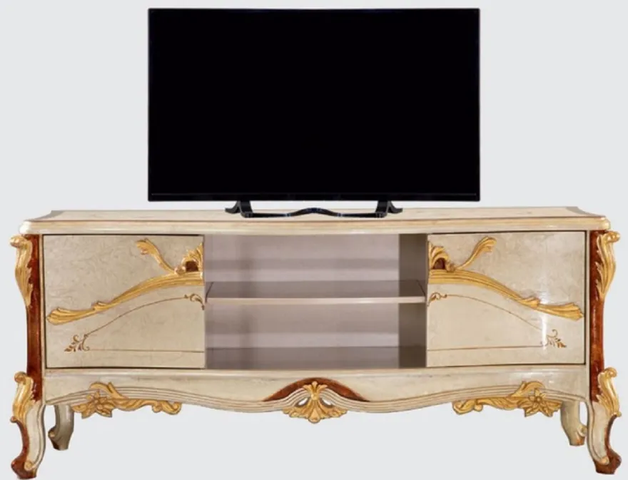 Casa Padrino Luxus Barock TV Schrank Silber / Braun / Gold - Prunkvolles Wohnzimmer Sideboard mit 2 Türen - Barock Wohnzimmer Möbel