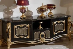 Casa Padrino Luxus Barock TV Schrank Schwarz / Gold - Prunkvolles Massivholz Sideboard mit 2 Türen und Schublade - Barock Möbel - Edel & Prunkvoll