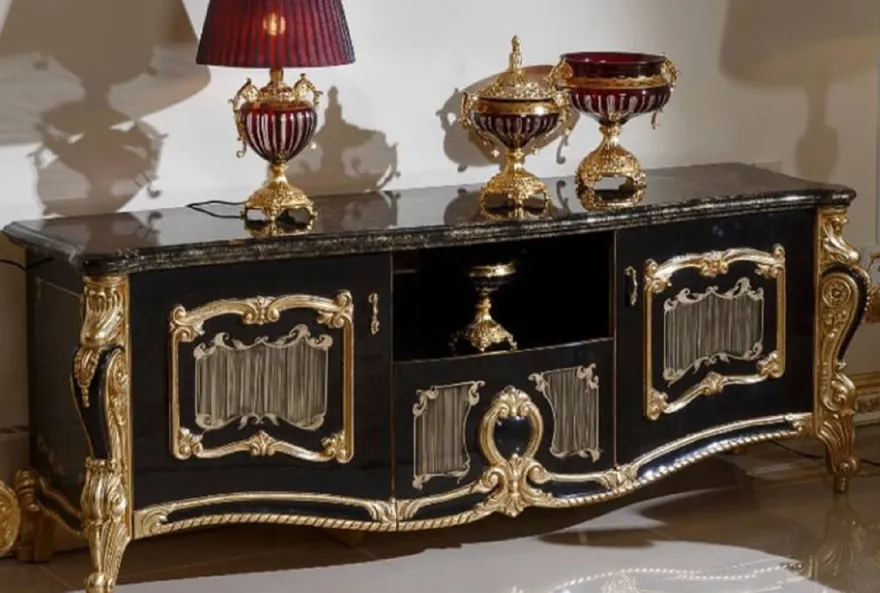 Casa Padrino Luxus Barock TV Schrank Schwarz / Gold - Prunkvolles Massivholz Sideboard mit 2 Türen und Schublade - Barock Möbel - Edel & Prunkvoll