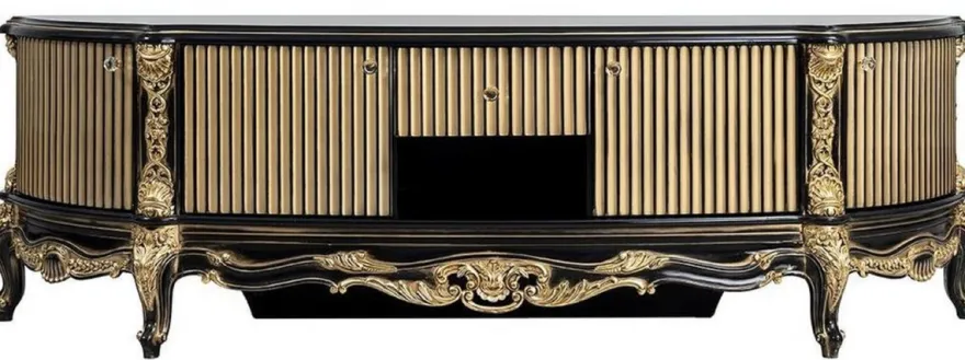 Casa Padrino Luxus Barock TV Schrank Schwarz / Gold - Prunkvolles Massivholz Sideboard mit 4 Türen und Schublade - Barock Wohnzimmer Möbel