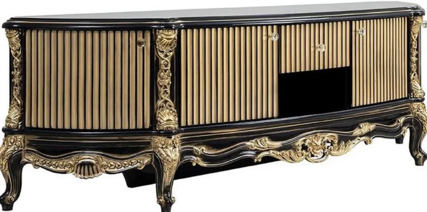 Casa Padrino Luxus Barock TV Schrank Schwarz / Gold - Prunkvolles Massivholz Sideboard mit 4 Türen und Schublade - Barock Wohnzimmer Möbel