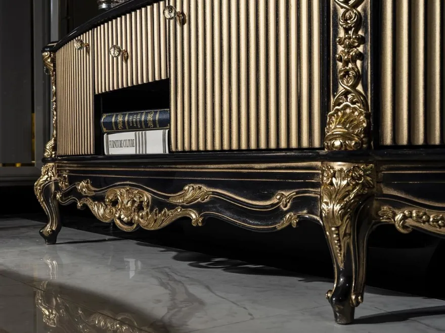 Casa Padrino Luxus Barock TV Schrank Schwarz / Gold - Prunkvolles Massivholz Sideboard mit 4 Türen und Schublade - Barock Wohnzimmer Möbel