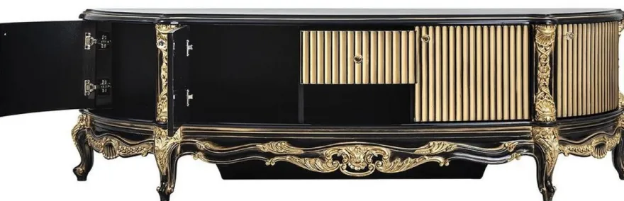 Casa Padrino Luxus Barock TV Schrank Schwarz / Gold - Prunkvolles Massivholz Sideboard mit 4 Türen und Schublade - Barock Wohnzimmer Möbel