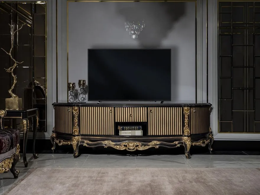 Casa Padrino Luxus Barock TV Schrank Schwarz / Gold - Prunkvolles Massivholz Sideboard mit 4 Türen und Schublade - Barock Wohnzimmer Möbel
