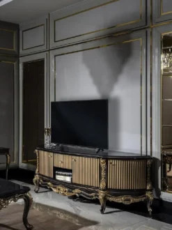 Casa Padrino Luxus Barock TV Schrank Schwarz / Gold - Prunkvolles Massivholz Sideboard mit 4 Türen und Schublade - Barock Wohnzimmer Möbel