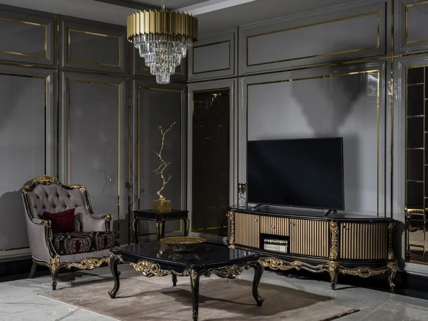 Casa Padrino Luxus Barock TV Schrank Schwarz / Gold - Prunkvolles Massivholz Sideboard mit 4 Türen und Schublade - Barock Wohnzimmer Möbel
