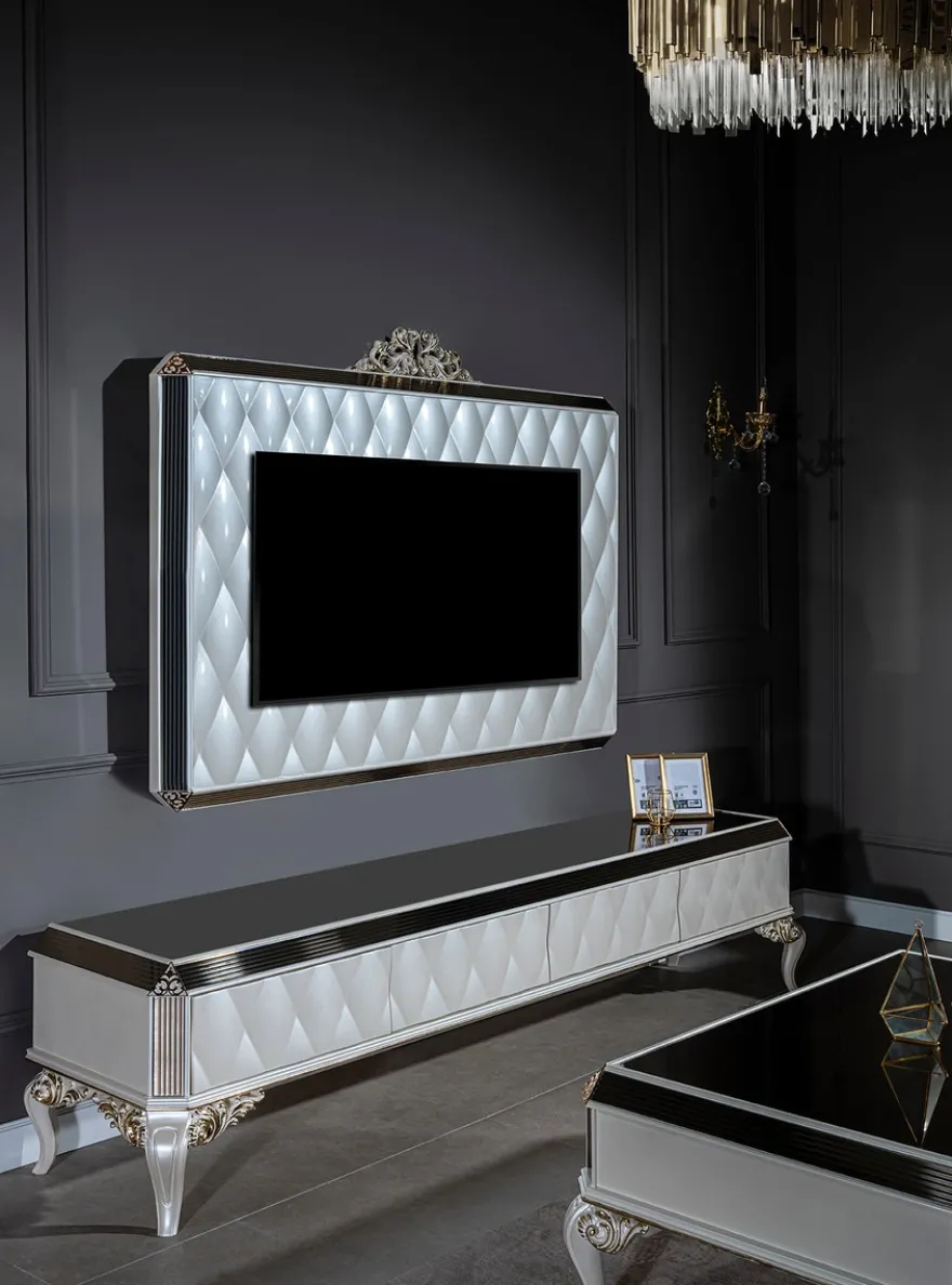Casa Padrino Luxus Barock TV Schrank Weiß / Gold / Schwarz 235 x 52 x H. 54 cm - Edles Massivholz Lowboard mit TV Wand - Wohnzimmerschrank - Wohnzimmer Möbel im Barockstil