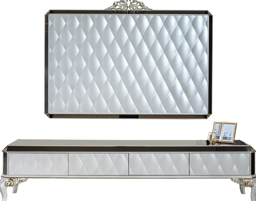 Casa Padrino Luxus Barock TV Schrank Weiß / Gold / Schwarz 235 x 52 x H. 54 cm - Edles Massivholz Lowboard mit TV Wand - Wohnzimmerschrank - Wohnzimmer Möbel im Barockstil