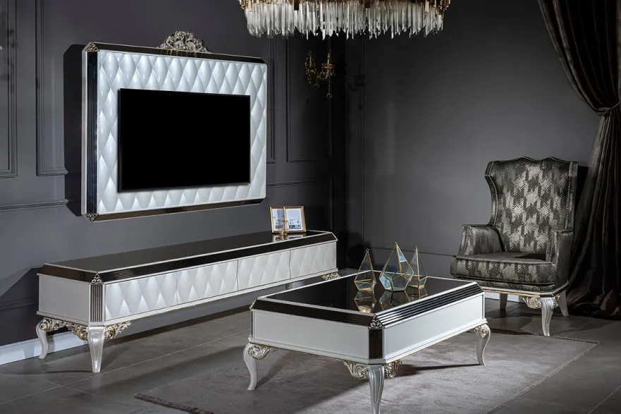 Casa Padrino Luxus Barock TV Schrank Weiß / Gold / Schwarz 235 x 52 x H. 54 cm - Edles Massivholz Lowboard mit TV Wand - Wohnzimmerschrank - Wohnzimmer Möbel im Barockstil