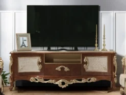 Casa Padrino Luxus Barock TV Schrank Braun / Gold - Handgefertigtes Massivholz Sideboard mit 2 Türen und Schublade - Barock Wohnzimmer Möbel