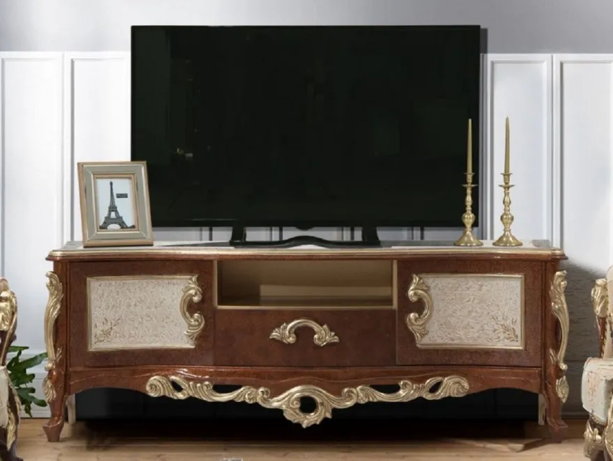 Casa Padrino Luxus Barock TV Schrank Braun / Gold - Handgefertigtes Massivholz Sideboard mit 2 Türen und Schublade - Barock Wohnzimmer Möbel