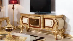 Casa Padrino Luxus Barock TV Schrank Weiß / Braun / Gold - Prunkvolles Massivholz Sideboard mit 4 Türen und Schublade - Barock Wohnzimmer Möbel