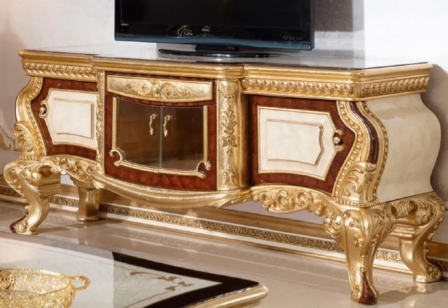 Casa Padrino Luxus Barock TV Schrank Weiß / Braun / Gold - Prunkvolles Massivholz Sideboard mit 4 Türen und Schublade - Barock Wohnzimmer Möbel