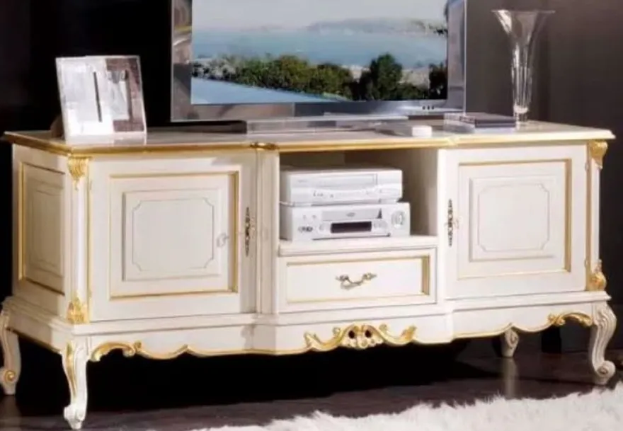 Casa Padrino Luxus Barock TV Schrank Weiß / Gold - Handgefertigtes Massivholz Sideboard mit 2 Türen und Schublade - Barock Wohnzimmer Möbel - Luxus Qualität - Made in Italy