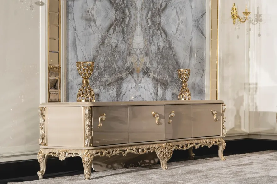 Casa Padrino Luxus Barock TV Schrank Grau / Gold - Prunkvolles Massivholz Sideboard mit 4 Türen - Wohnzimmer Möbel im Barockstil - Barock Möbel - Edel & Prunkvoll