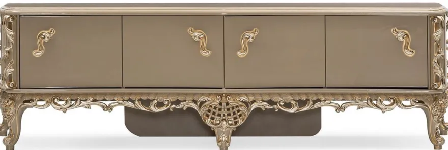 Casa Padrino Luxus Barock TV Schrank Grau / Gold - Prunkvolles Massivholz Sideboard mit 4 Türen - Wohnzimmer Möbel im Barockstil - Barock Möbel - Edel & Prunkvoll