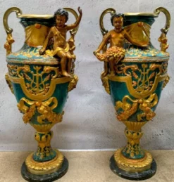 Casa Padrino Luxus Barock Vasen Set Mehrfarbig / Gold / Schwarz 81 x 41 x H. 43 cm - Prunkvolle Bronze Vasen mit Marmorsockel - Barock Deko Accessoires