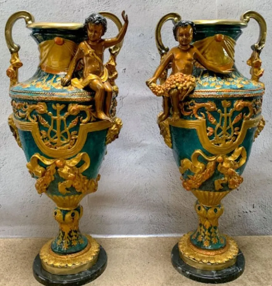 Casa Padrino Luxus Barock Vasen Set Mehrfarbig / Gold / Schwarz 81 x 41 x H. 43 cm - Prunkvolle Bronze Vasen mit Marmorsockel - Barock Deko Accessoires