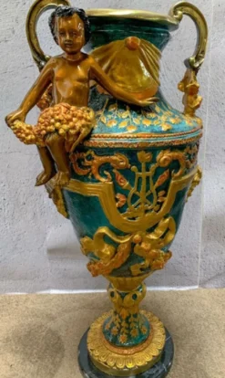 Casa Padrino Luxus Barock Vasen Set Mehrfarbig / Gold / Schwarz 81 x 41 x H. 43 cm - Prunkvolle Bronze Vasen mit Marmorsockel - Barock Deko Accessoires
