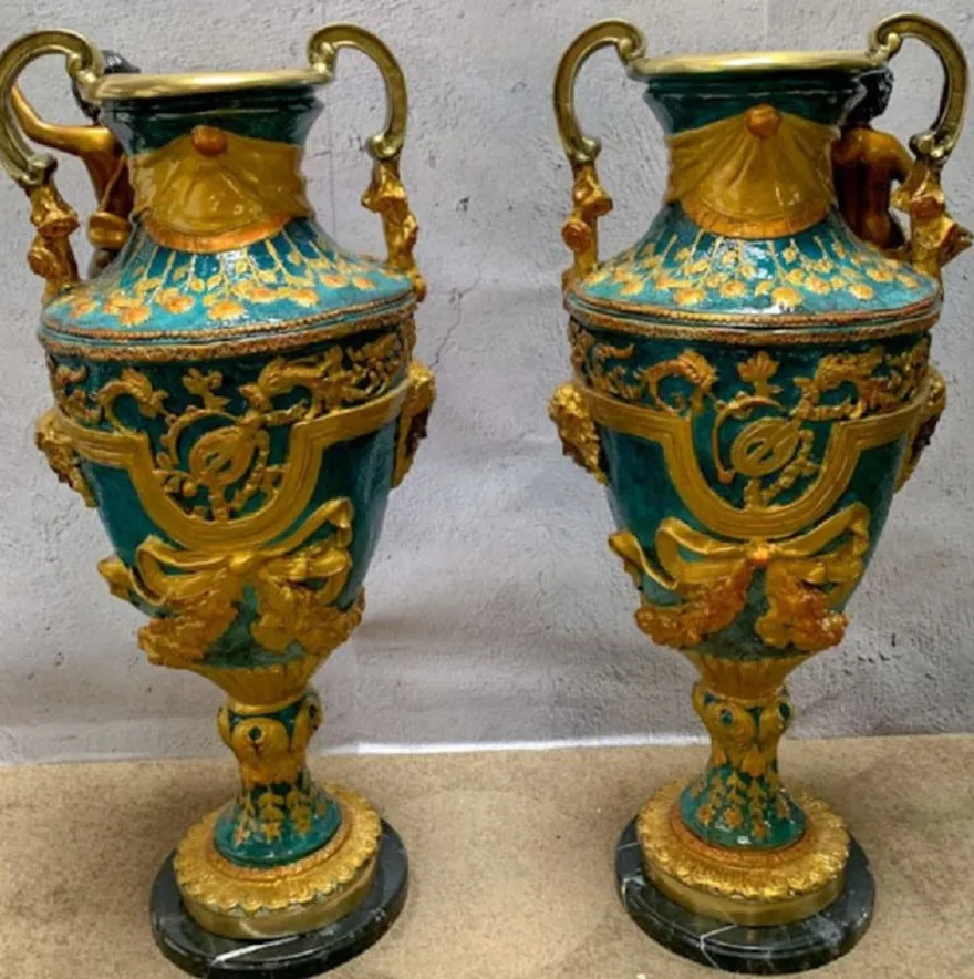 Casa Padrino Luxus Barock Vasen Set Mehrfarbig / Gold / Schwarz 81 x 41 x H. 43 cm - Prunkvolle Bronze Vasen mit Marmorsockel - Barock Deko Accessoires