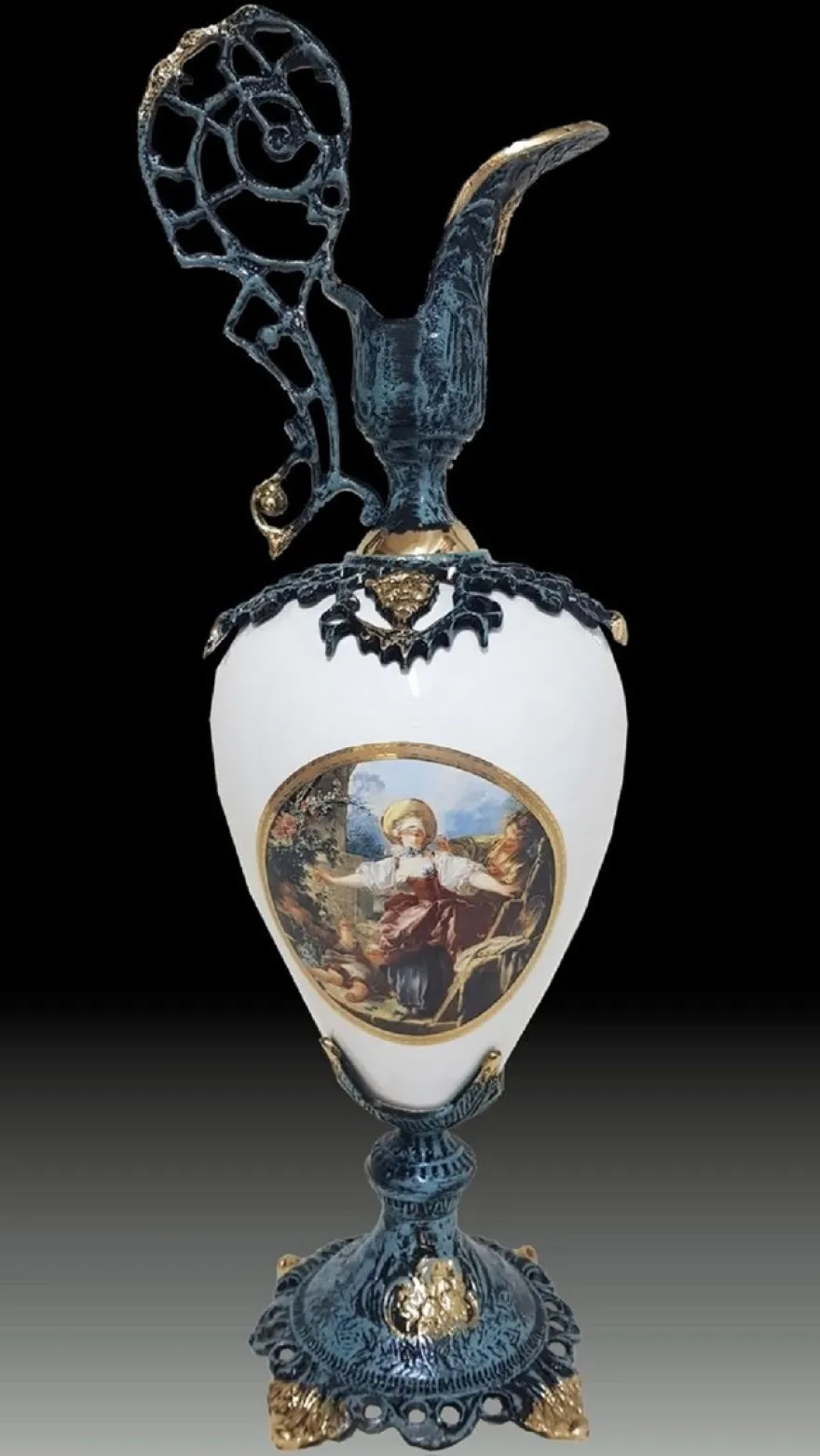 Casa Padrino Luxus Barock Vase in Weinkrug Form Blau / Weiß / Mehrfarbig / Gold 20 x H. 60 cm - Handgefertigte Barockstil Blumenvase - Barock Deko Accessoires - Edel & Prunkvoll