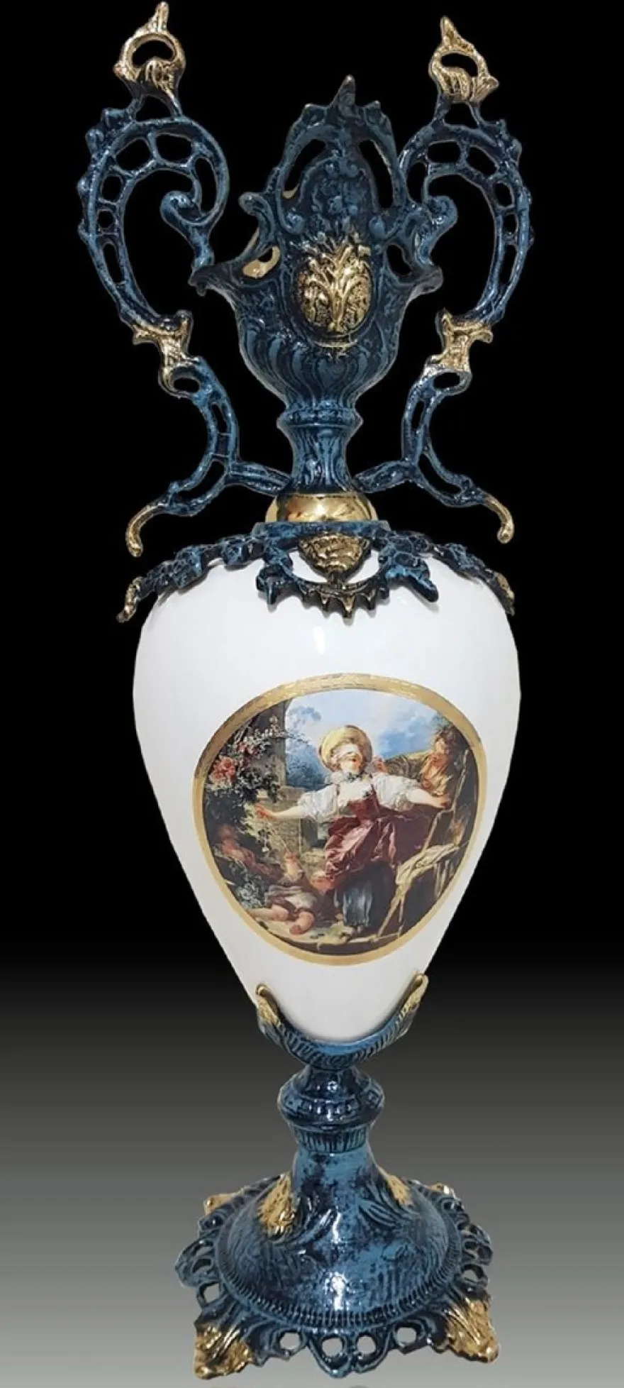 Casa Padrino Luxus Barock Vase Blau / Weiß / Mehrfarbig / Gold 21 x H. 62 cm - Handgefertigte Barockstil Blumenvase - Barock Deko Accessoires - Edel & Prunkvoll