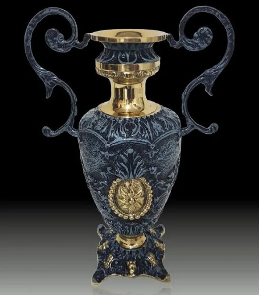 Casa Padrino Luxus Barock Vase Blau / Gold 23 x H. 34 cm - Handgefertigte Barockstil Blumenvase