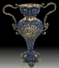 Casa Padrino Luxus Barock Vase Blau / Gold 30 x H. 38 cm - Handgefertigte Barockstil Blumenvase