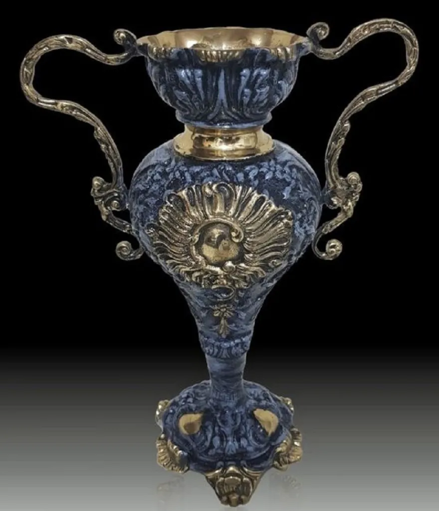 Casa Padrino Luxus Barock Vase Blau / Gold 30 x H. 38 cm - Handgefertigte Barockstil Blumenvase