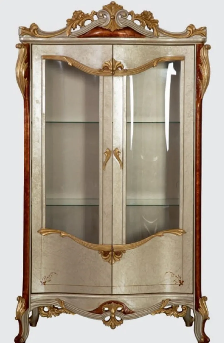 Casa Padrino Luxus Barock Vitrine Silber / Braun / Gold - Handgefertigter Massivholz Vitrinenschrank mit 2 Türen - Prunkvolle Barock Möbel