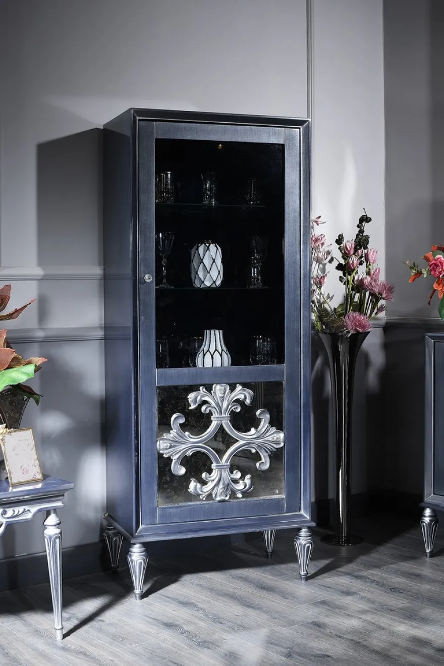 Casa Padrino Luxus Barock Vitrine Blau / Silber 75 x 45 x H. 190 cm - Vitrinenschrank mit Glastür - Barock Wohnzimmermöbel