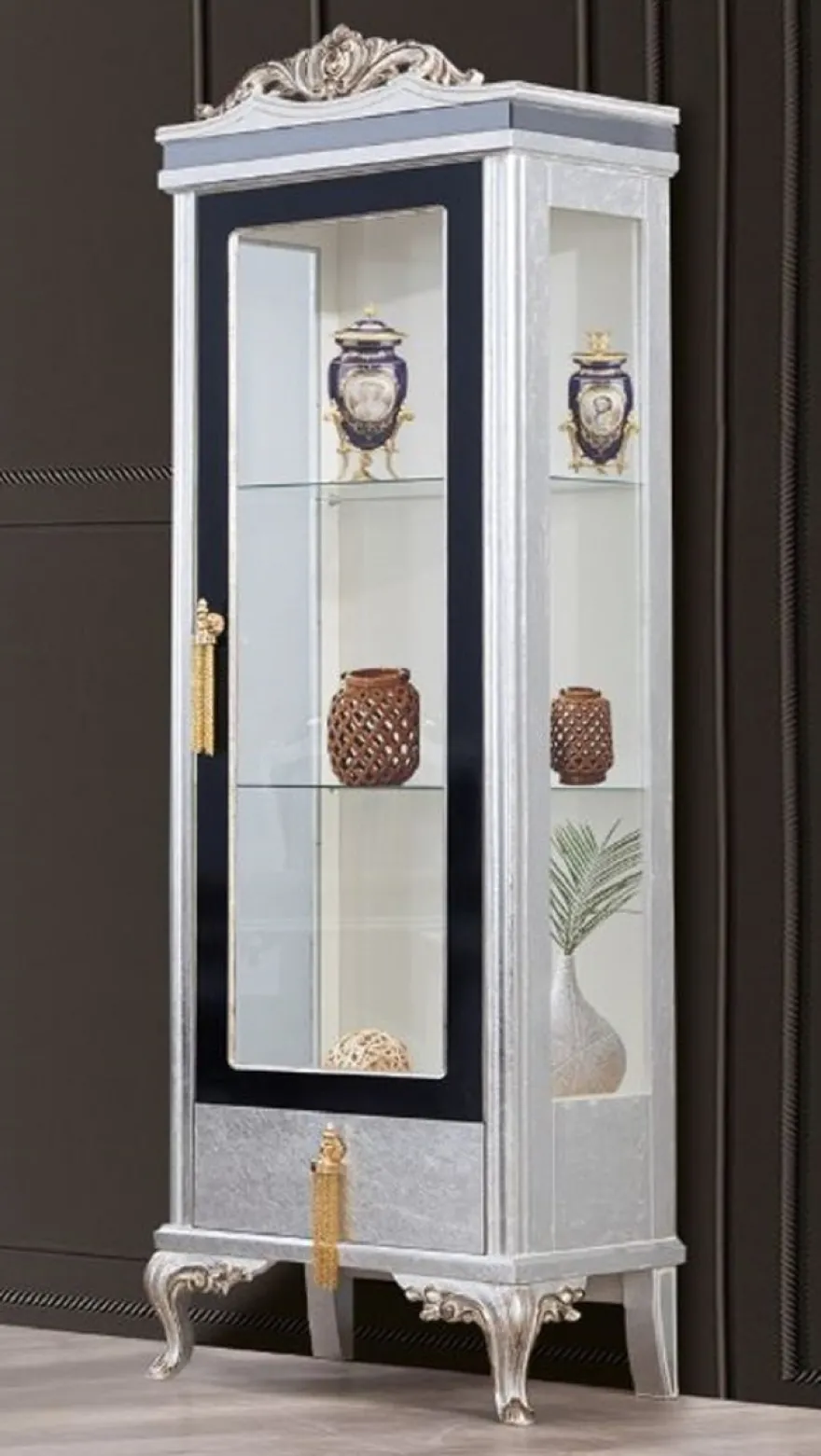 Casa Padrino Luxus Barock Vitrine Silber / Schwarz / Gold - Handgefertigter Massivholz Vitrinenschrank - Barock Wohnzimmer Möbel