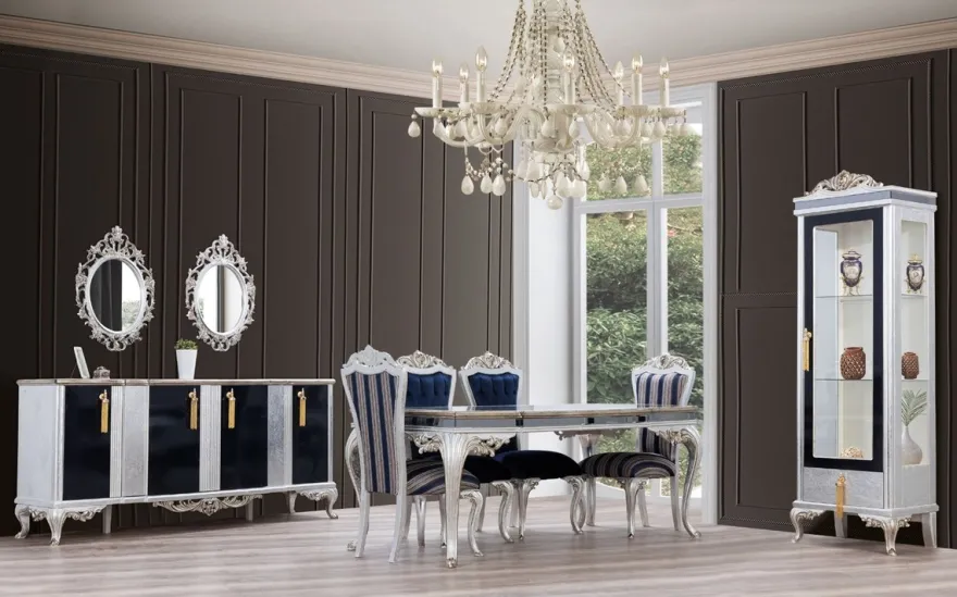 Casa Padrino Luxus Barock Vitrine Silber / Schwarz / Gold - Handgefertigter Massivholz Vitrinenschrank - Barock Wohnzimmer Möbel