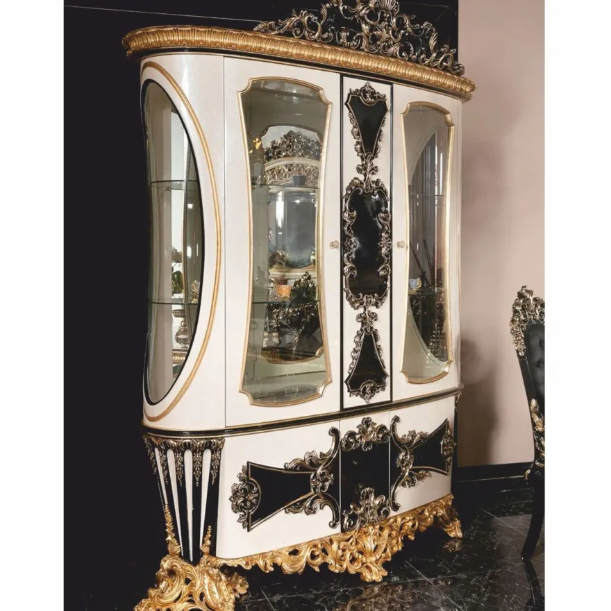 Casa Padrino Luxus Barock Vitrine Weiß / Schwarz / Gold 180 x H. 245 cm - Prunkvoller Massivholz Vitrinenschrank - Barock Möbel