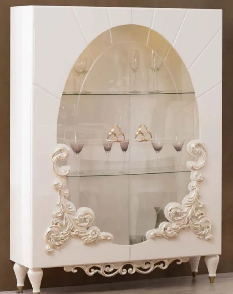 Casa Padrino Luxus Barock Vitrine Weiß / Gold 116 x 46 x H. 170 cm - Beleuchteter Massivholz Vitrinenschrank mit 2 Glastüren - Edle Barock Möbel