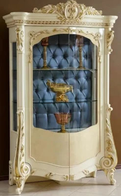 Casa Padrino Luxus Barock Vitrine Beige / Weiß / Gold / Blau - Prunkvoller Massivholz Vitrinenschrank mit 2 Glastüren - Handgefertigte Barock Möbel - Edel & Prunkvoll