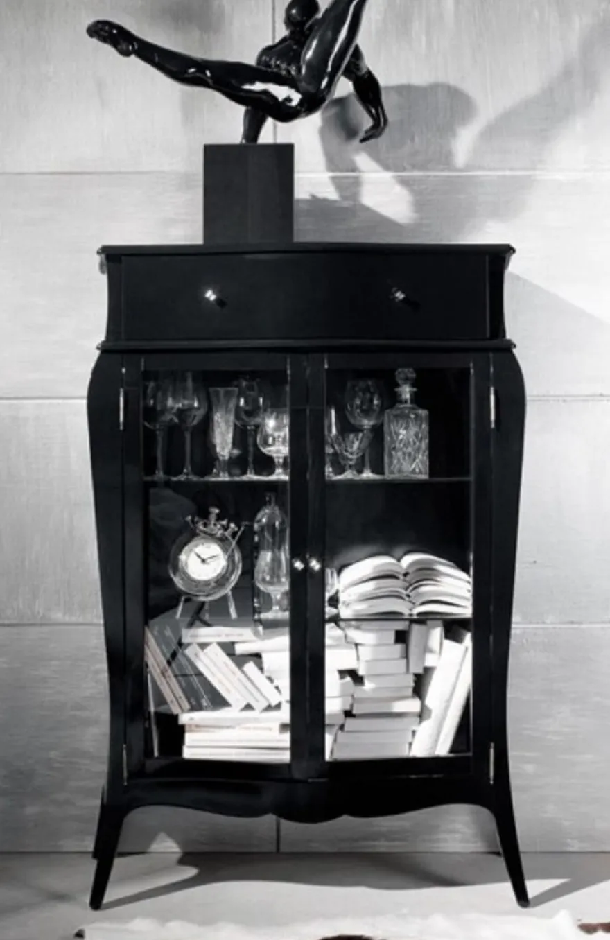 Casa Padrino Luxus Barock Vitrine Hochglanz Schwarz - Massivholz Vitrinenschrank mit 2 Glastüren und Schublade - Luxus Möbel im Barockstil - Barock Möbel - Barock Einrichtung - Edel & Prunkvoll