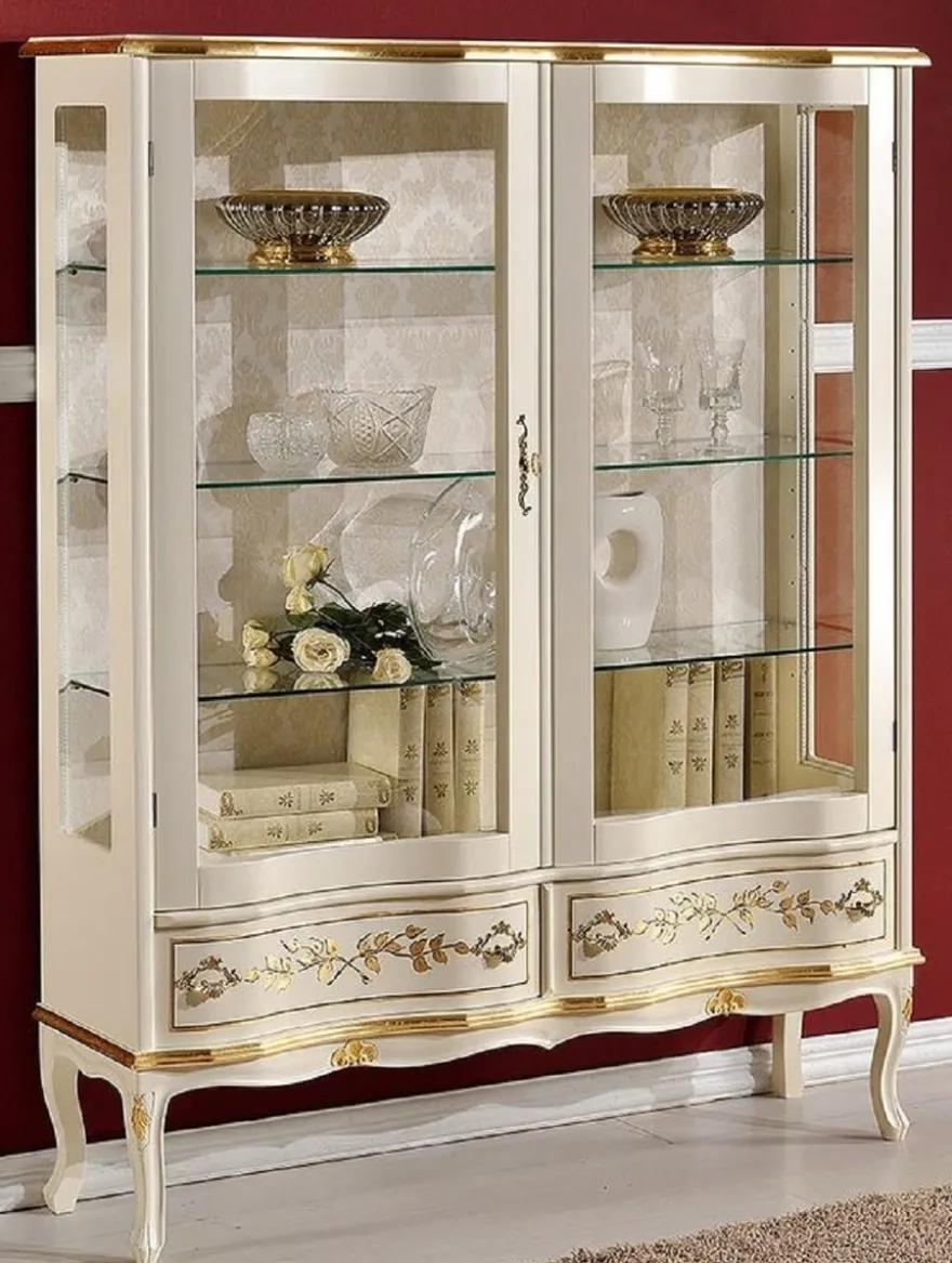 Casa Padrino Luxus Barock Vitrine Creme / Gold - Handgefertigter italienischer Barockstil Vitrinenschrank - Barockstil Möbel - Italienische Barock Möbel - Luxus Qualität - Made in Italy