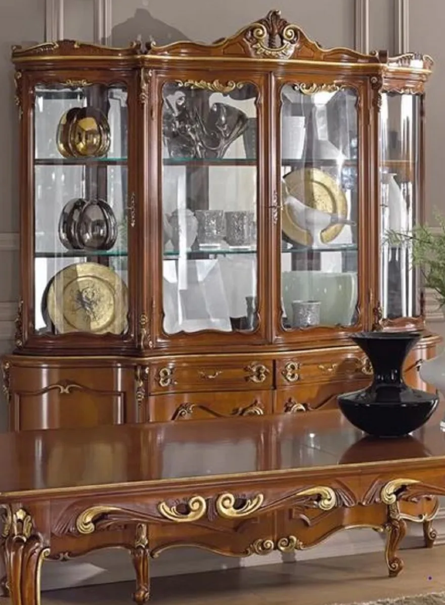 Casa Padrino Luxus Barock Vitrine Braun / Gold - Handgefertigter Vitrinenschrank mit 8 Türen und 2 Schubladen - Prunkvolle Barock Möbel - Luxus Qualität - Made in Italy