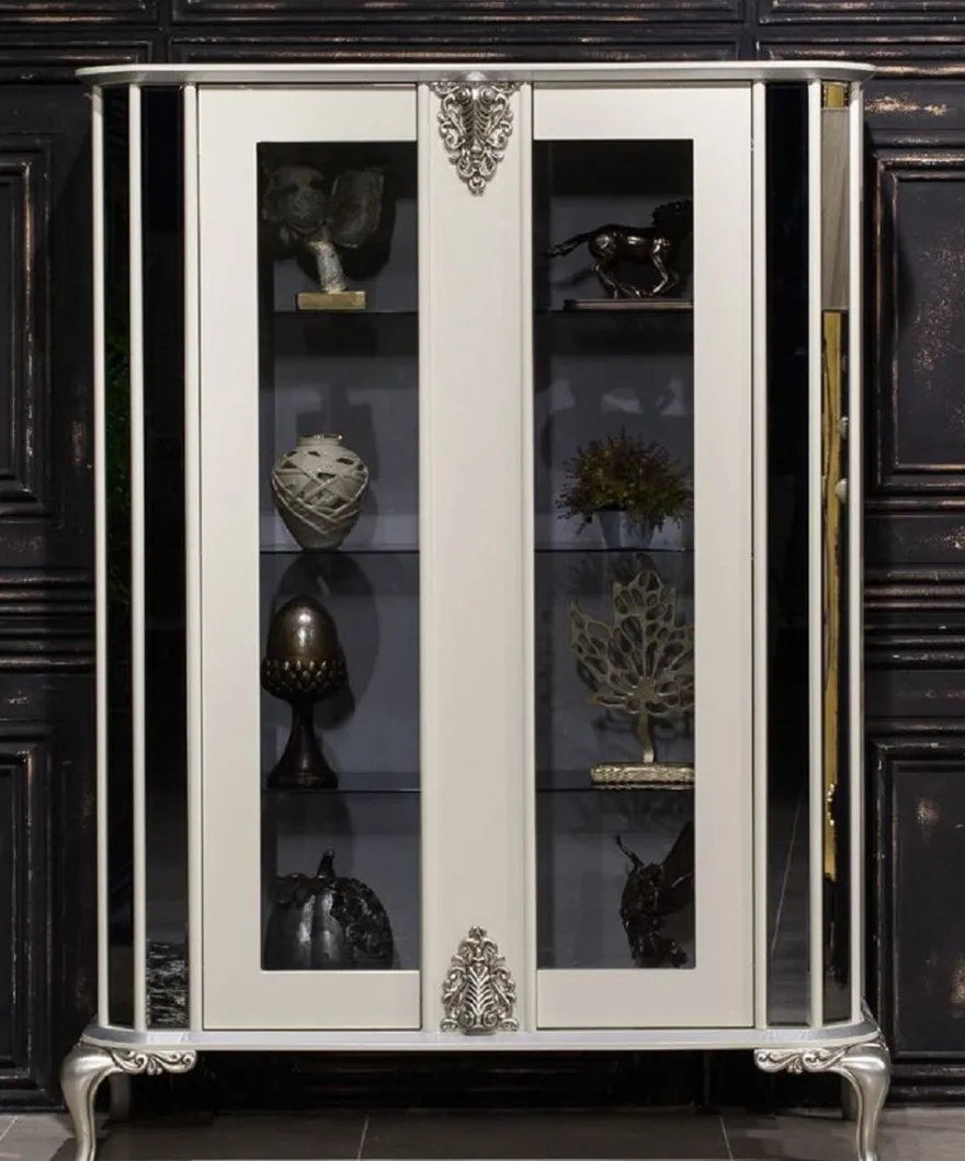 Casa Padrino Luxus Barock Vitrine Weiß / Silber - Verspiegelter Massivholz Vitrinenschrank mit 2 Türen - Prunkvolle Barock Möbel