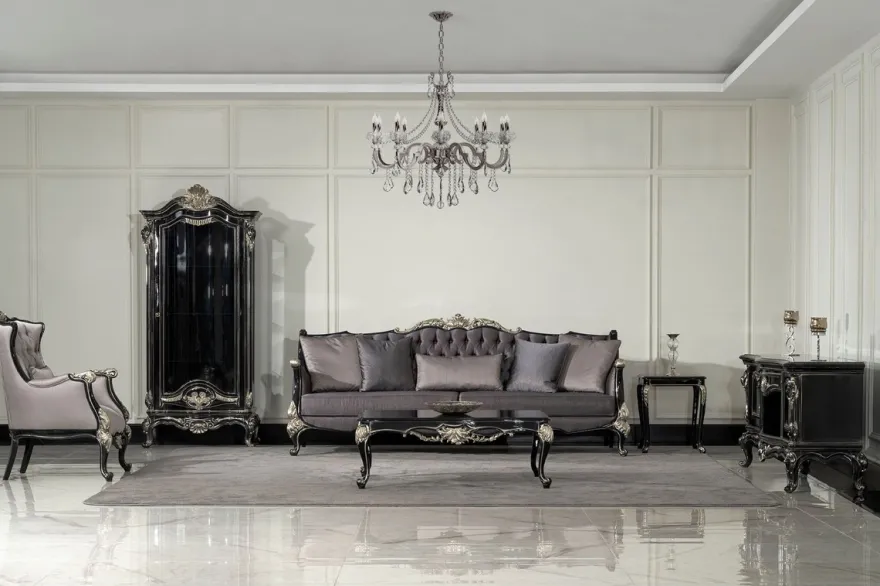 Casa Padrino Luxus Barock Vitrine Schwarz / Silber - Prunkvoller Massivholz Vitrinenschrank mit Glastür - Handgefertigte Barock Möbel - Edel & Prunkvoll