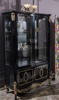 Casa Padrino Luxus Barock Vitrine Schwarz / Gold 124 x 54 x H. 194 cm - Massivholz Vitrinenschrank im Barockstil - Edel & Prunkvoll