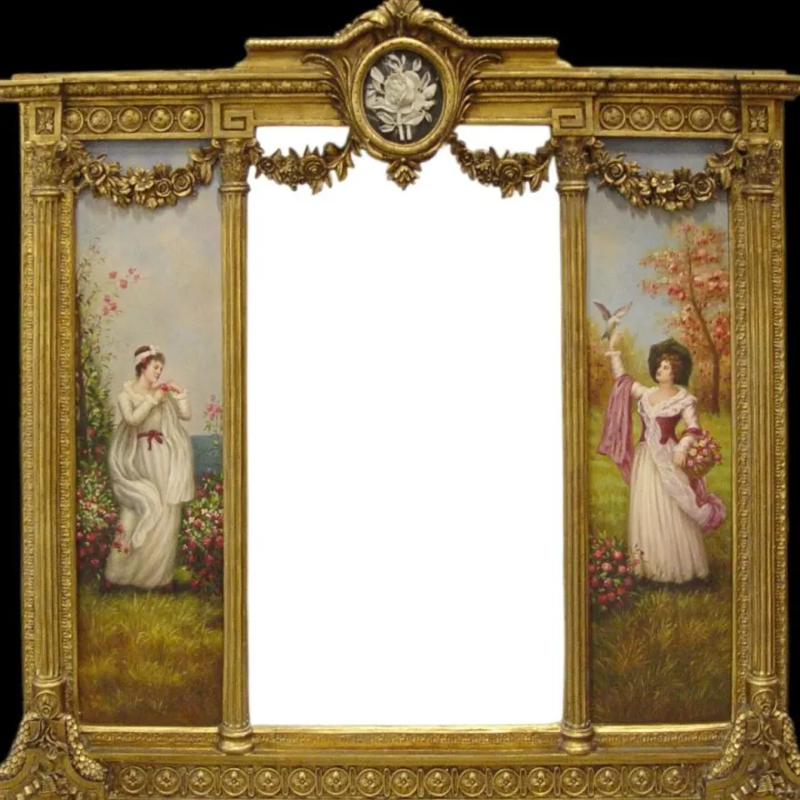 Casa Padrino Luxus Barock Wandspiegel Gold 152,5 cm x 146,4 cm - Goldener Spiegel mit Blumen Ornamenten - Rechts und Links mit Barock Gemälden Spiegel