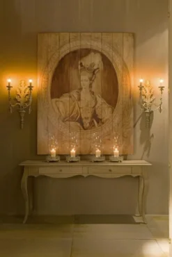 Casa Padrino Luxus Barock Wandgemälde Lady Grau / Grün 150 x H. 190 cm - Handgemaltes Holz Gemälde - Barock Wand Dekoration - Edel & Prunkvoll