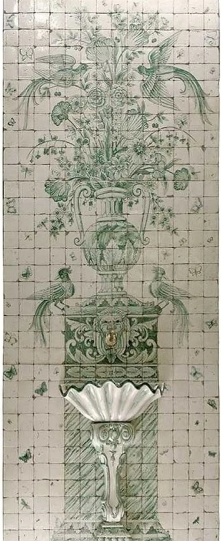 Casa Padrino Luxus Barock Wandbrunnen mit Fliesen Wandgemälde Weiß / Grün - Handgefertigt & Handbemalt - Luxus Qualität - Barock Hotel Garten Deko Accessoires