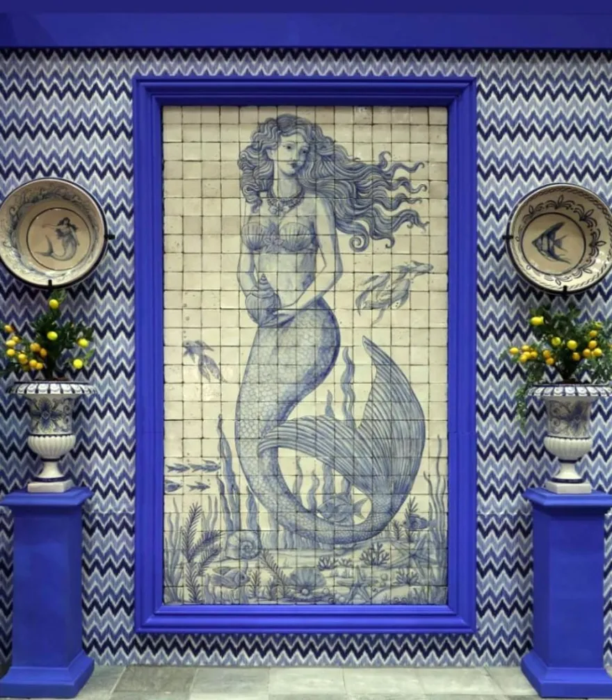 Casa Padrino Luxus Barock Wandgemälde Meerjungfrau Creme / Blau H. 280 cm - Barock Wanddeko