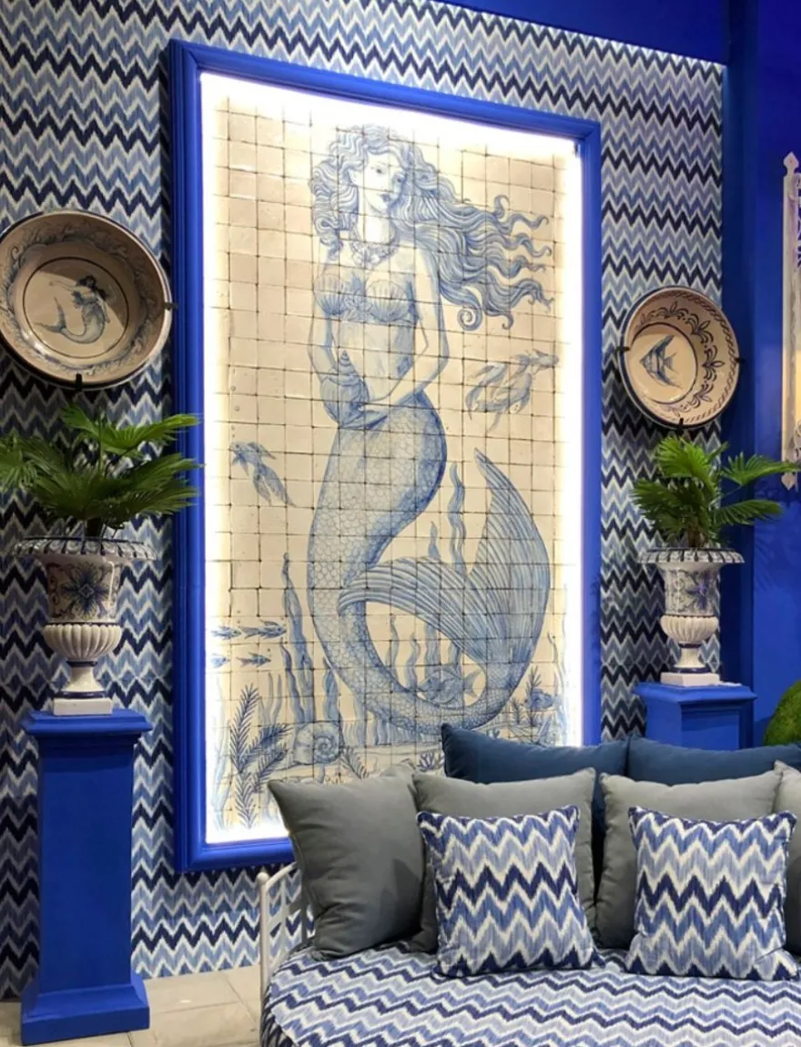 Casa Padrino Luxus Barock Wandgemälde Meerjungfrau Creme / Blau H. 280 cm - Barock Wanddeko