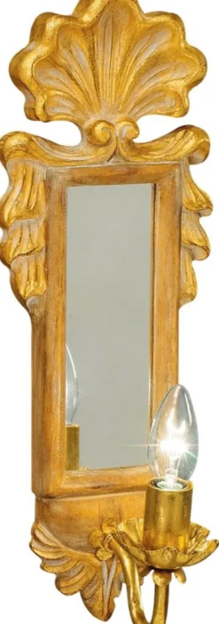 Casa Padrino Luxus Barock Wandleuchte Naturfarben / Antik Gold 16 x 16 x H. 47 cm - Elegante Wandlampe mit Spiegel - Barock Leuchten