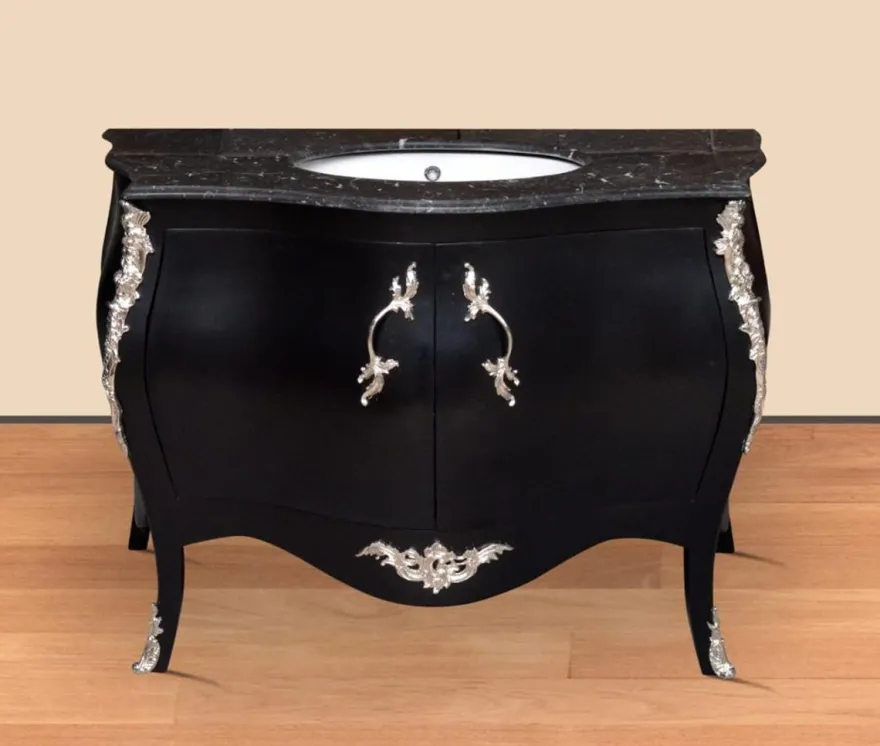 Casa Padrino Luxus Barock Waschtisch Kommode Schwarz / Silber mit Marmorplatte - Luxus Barock Badezimmermöbel